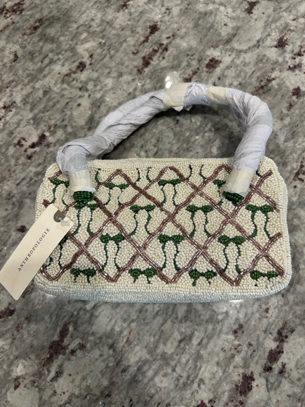 Anthropologie Beaded Cream Tote with Green Handles and Pink Accent - Picture 6 of 12